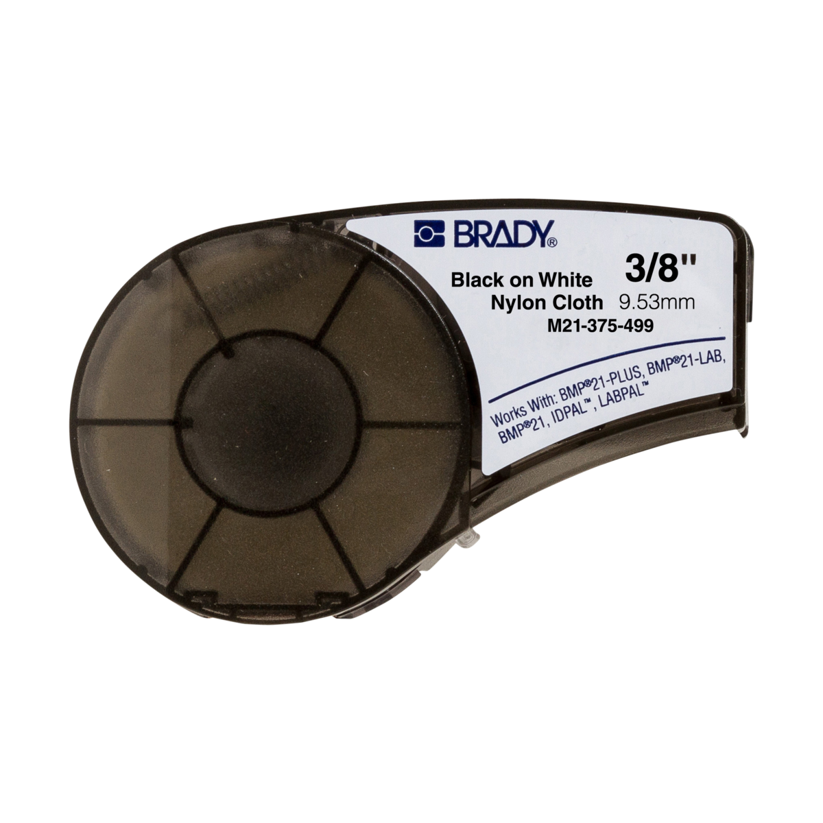 Merketape for BMP21 9,53mm sort på hvit Nylon tape