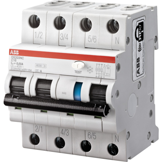 Jordfeilautomat 3p B 16A DS203NC B16/30mA 230V-IT ABB