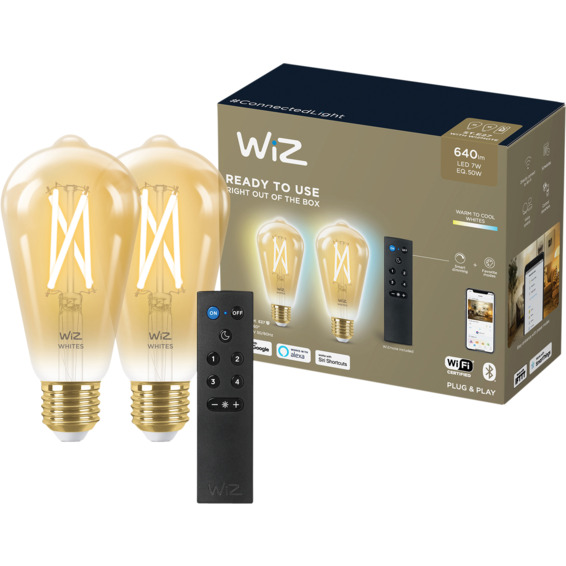 E27 Lyspære filament St64 6,7W Wifi 2 pak m/fjernkontroll - Justerbar fargetemperatur 2000-5000 Kelvin