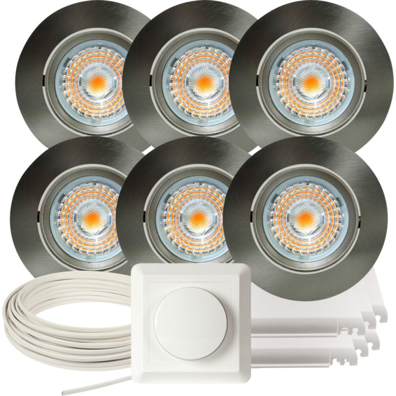Komplett Alfa LED Downlightpakke Børstet Stål 6 pk Komplett Alfa LED Downlightpakke Børstet Stål 6 pk